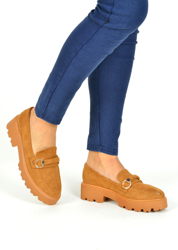 Tan chunky gold detail loafers 1