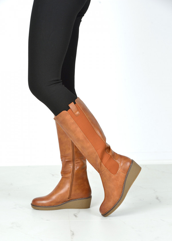 Brown tan wedged knee high boots
