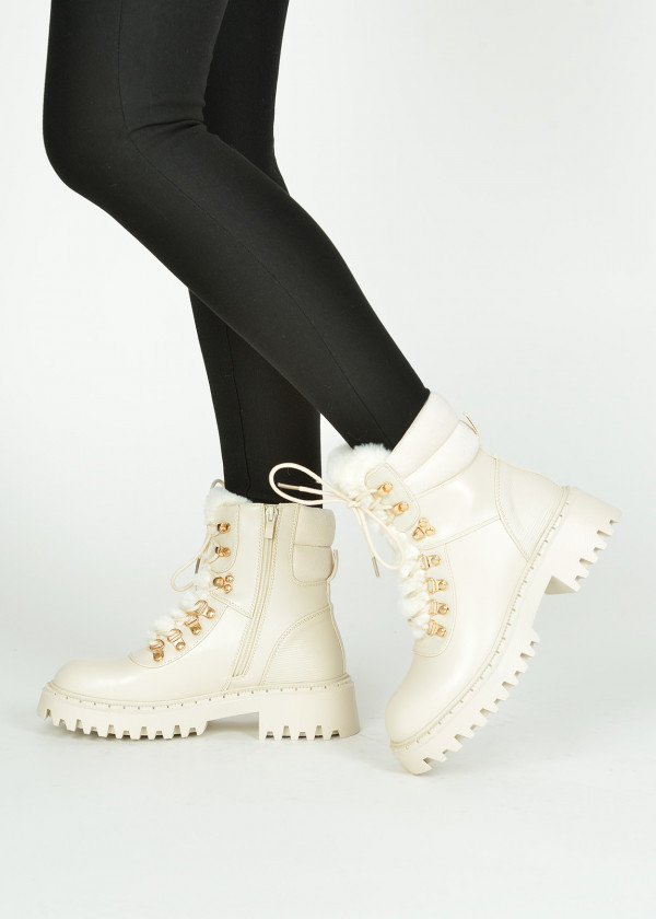 Beige faux fur lace up ankle boots
