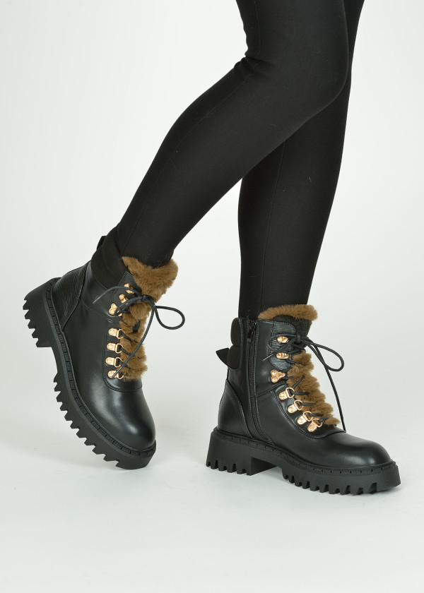 Black faux fur lace up ankle boots 1