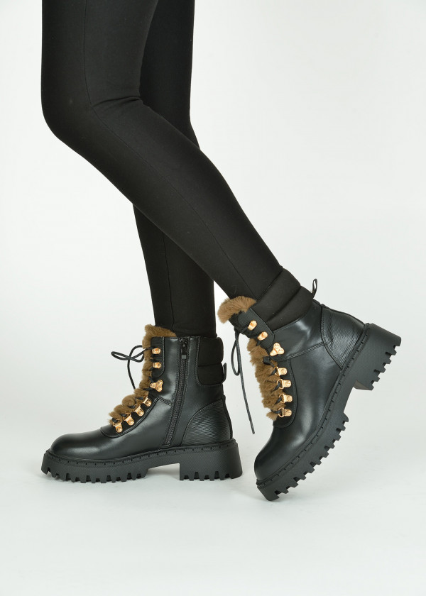 Black faux fur lace up ankle boots