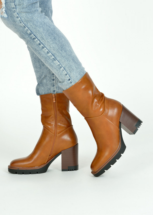 Brown tan heeled midi boots