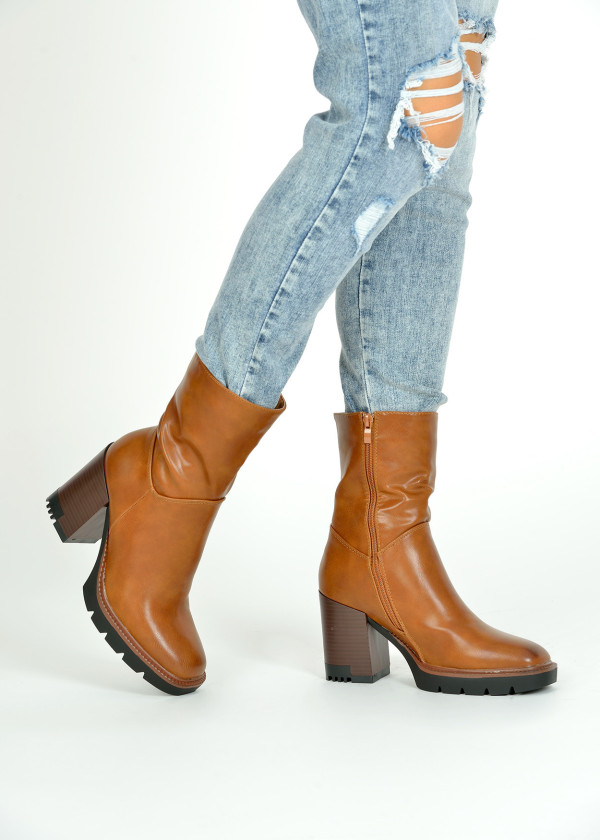Brown tan heeled midi boots 1