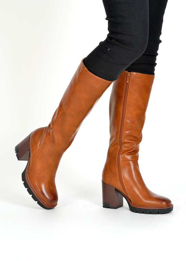 Tan knee high block heeled boots 1