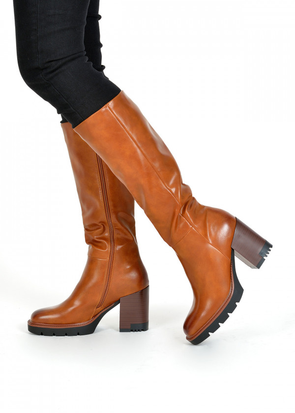 Tan knee high block heeled boots 3