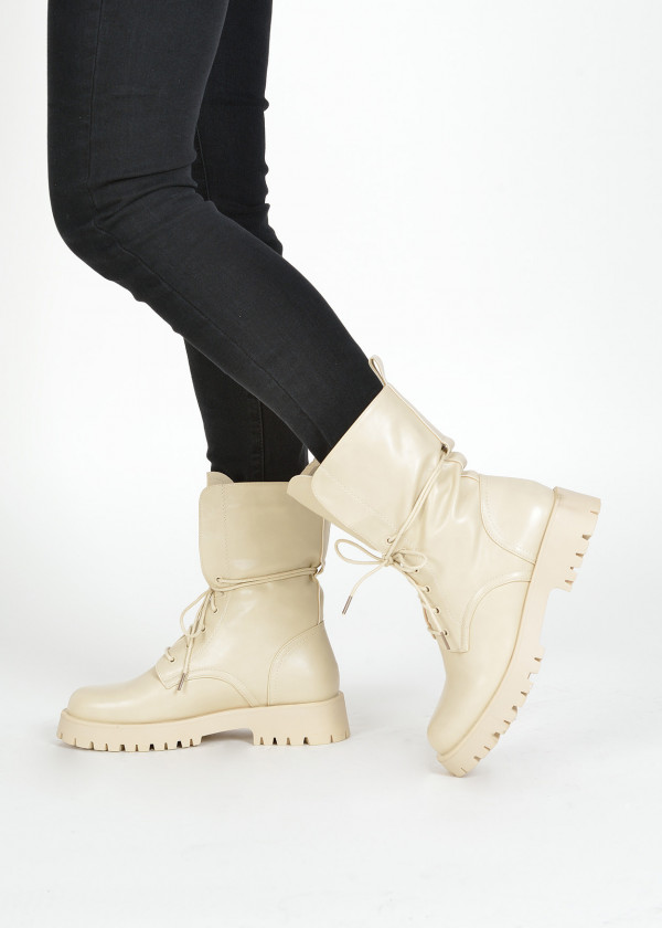 Beige lace up army boots