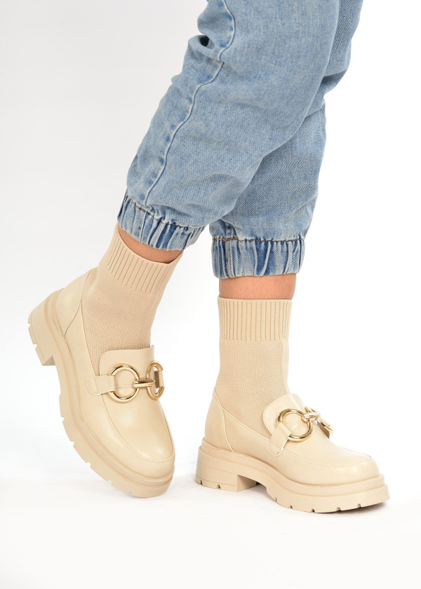 Beige chain detail chunky sock boots 1