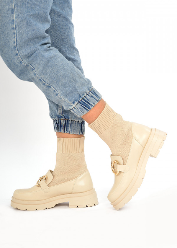 Beige chain detail chunky sock boots