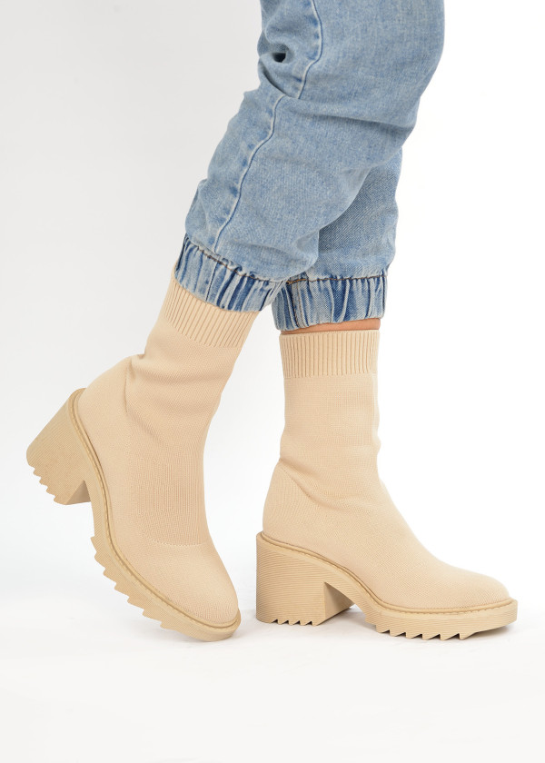 Beige chunky heel socks boots 1