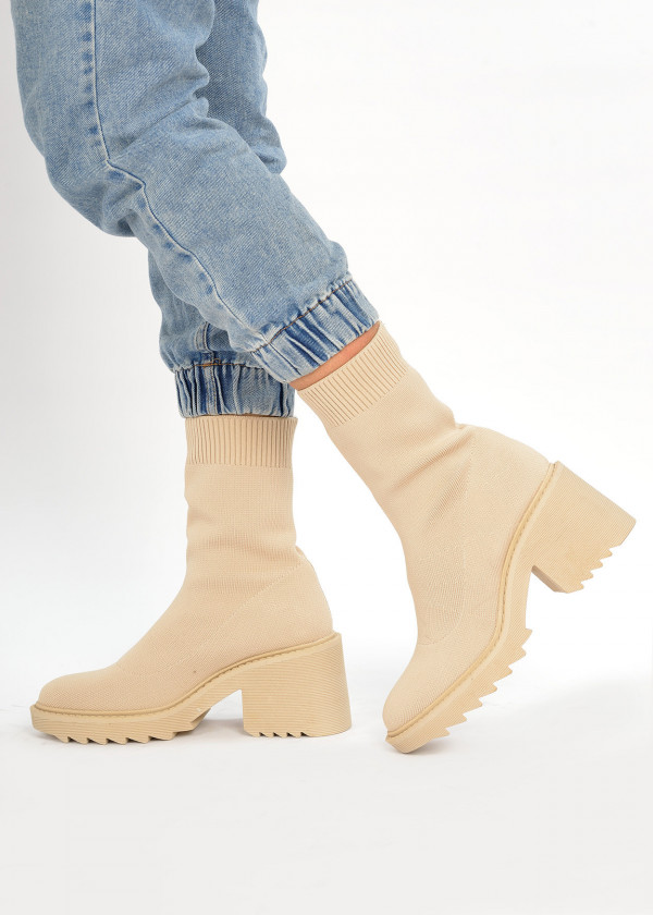 Beige chunky heel socks boots