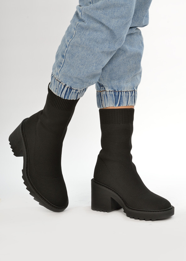 Black chunky heel socks boots 1