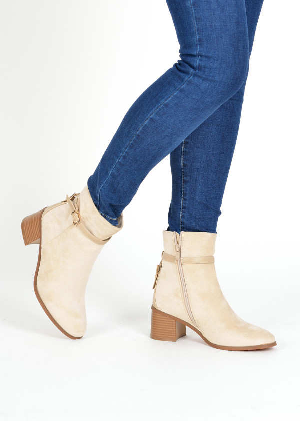 Beige buckle detail heeled ankle boots 1