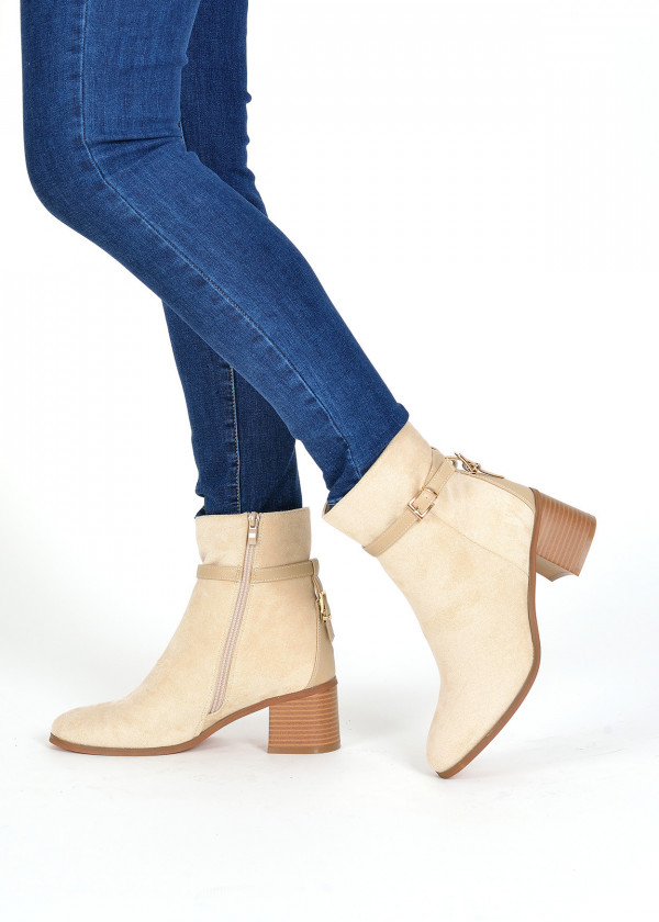 Beige buckle detail heeled ankle boots