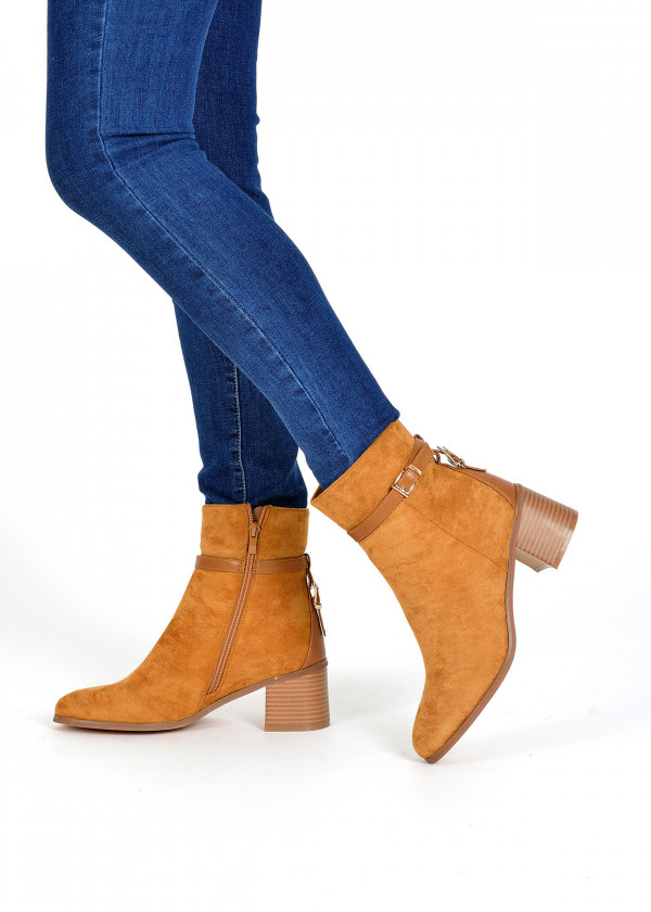Tan buckle detail heeled ankle boots