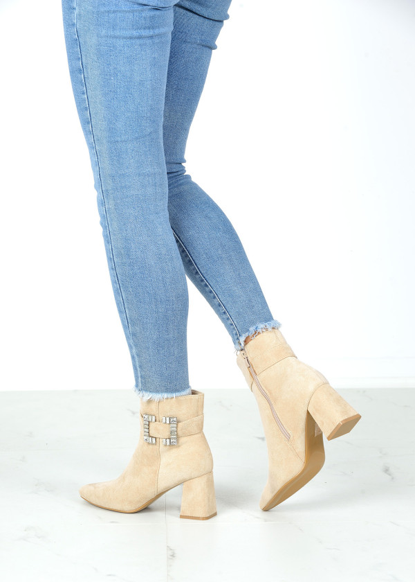 Beige diamante buckle heeled ankle boots 2