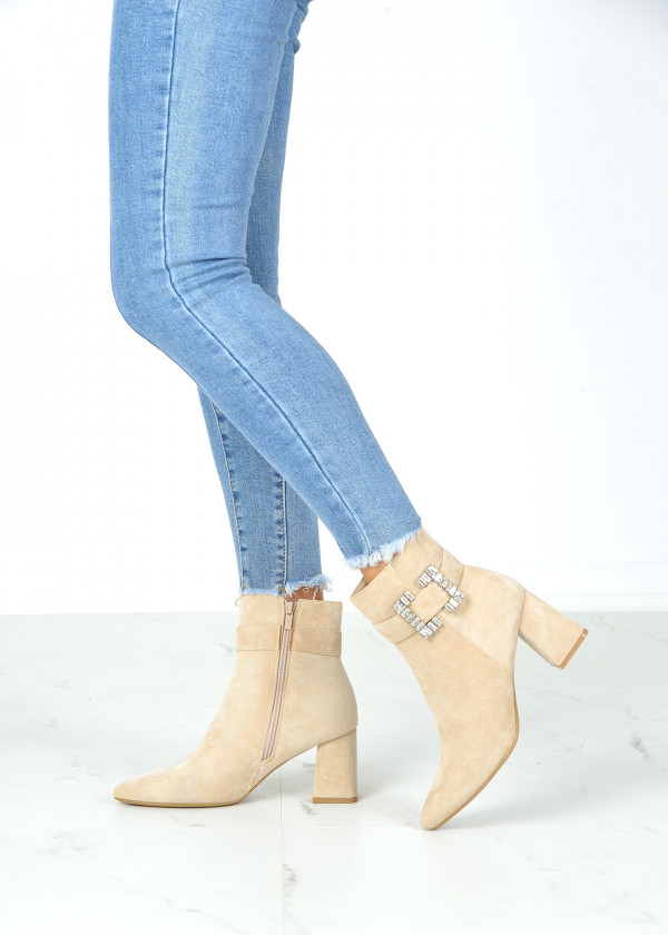 Beige diamante buckle heeled ankle boots 3