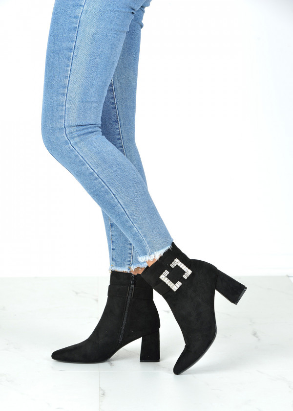 Black diamante buckle heeled ankle boots