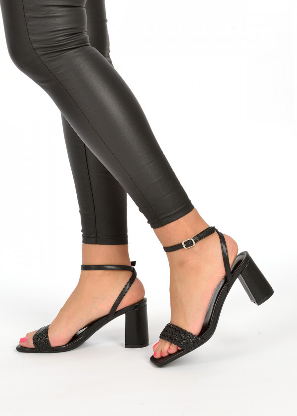 Black woven detail heeled sandals