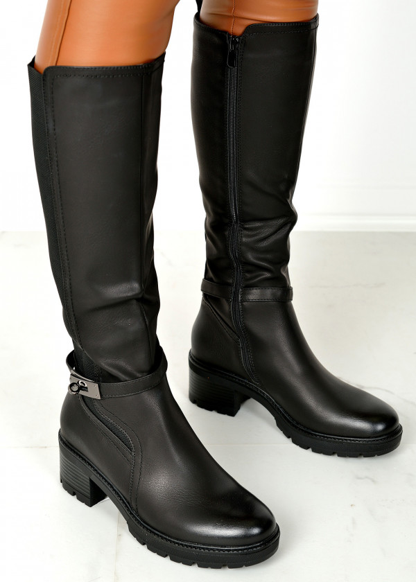 Black clasp detail elasticated side knee high boots 1