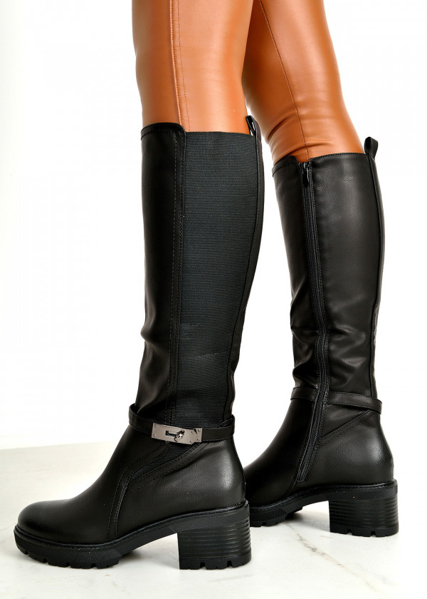 Black clasp detail elasticated side knee high boots