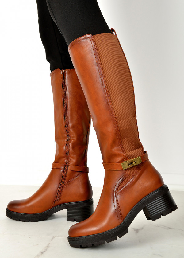 Brown tan clasp detail elasticated side knee high boots