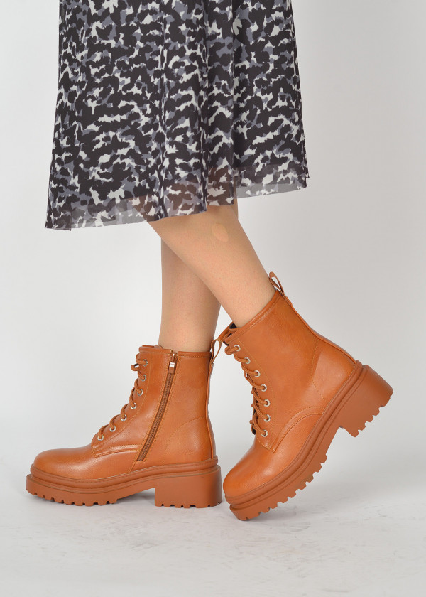 Tan lace up chunky boots