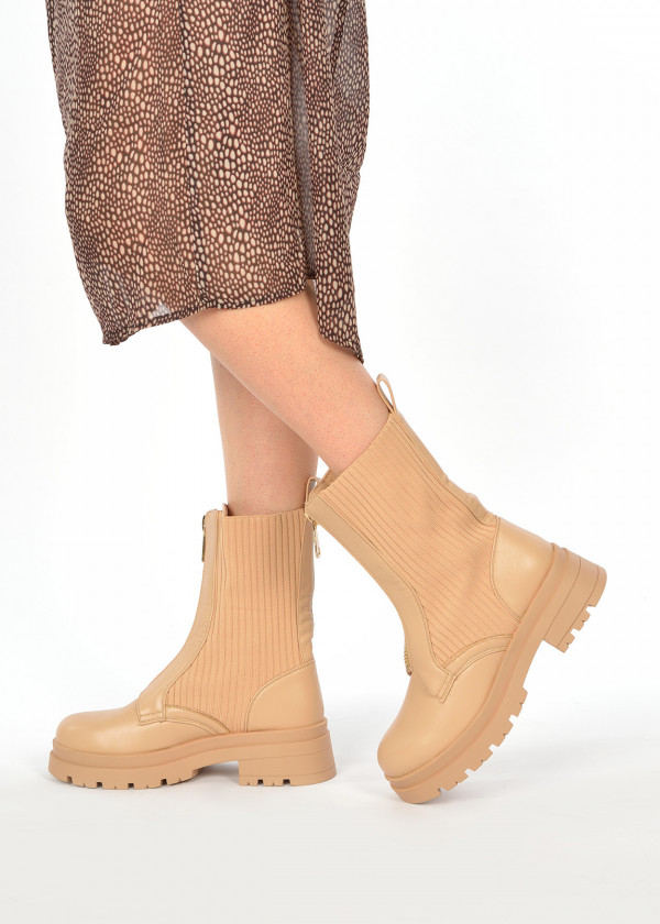 Beige front zip detail ankle boots