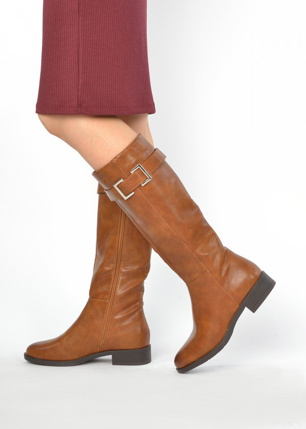 Brown tan buckle knee high boots