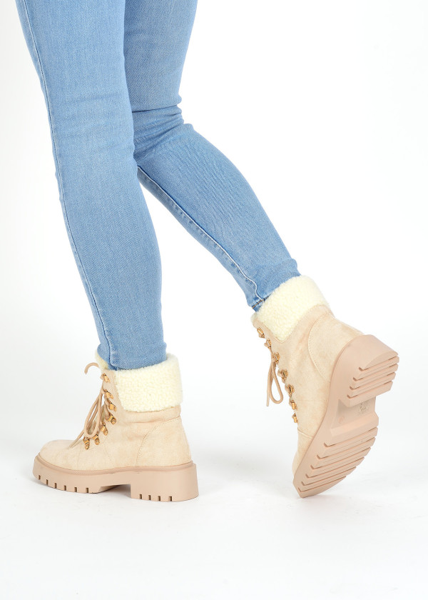 Beige faux fur lace up ankle boots 2