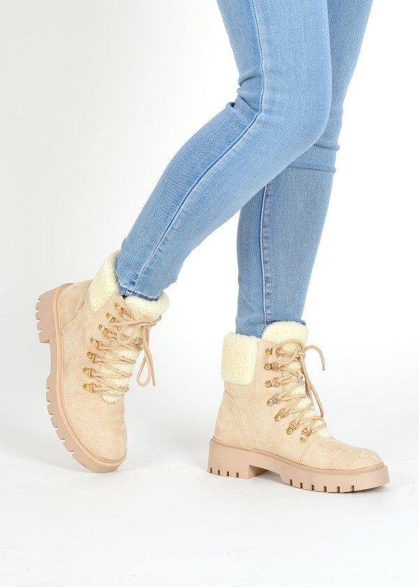 Beige faux fur lace up ankle boots 1