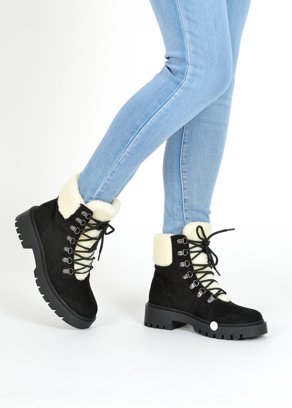 Black faux fur lace up ankle boots 1