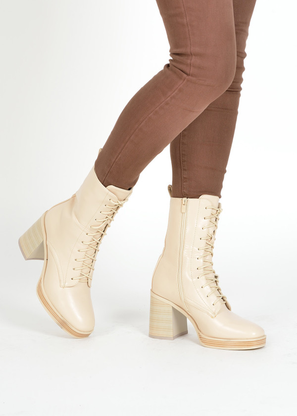 Beige lace up midi heeled boots 1