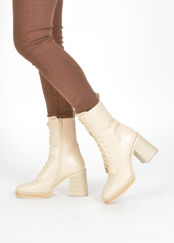 Beige lace up midi heeled boots