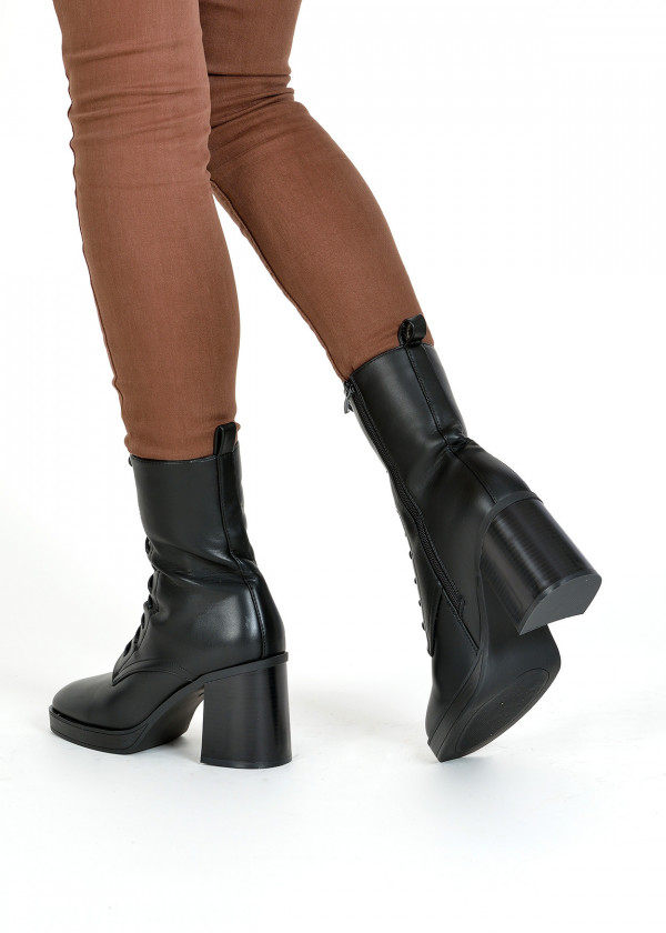 Black lace up midi heeled boots 2