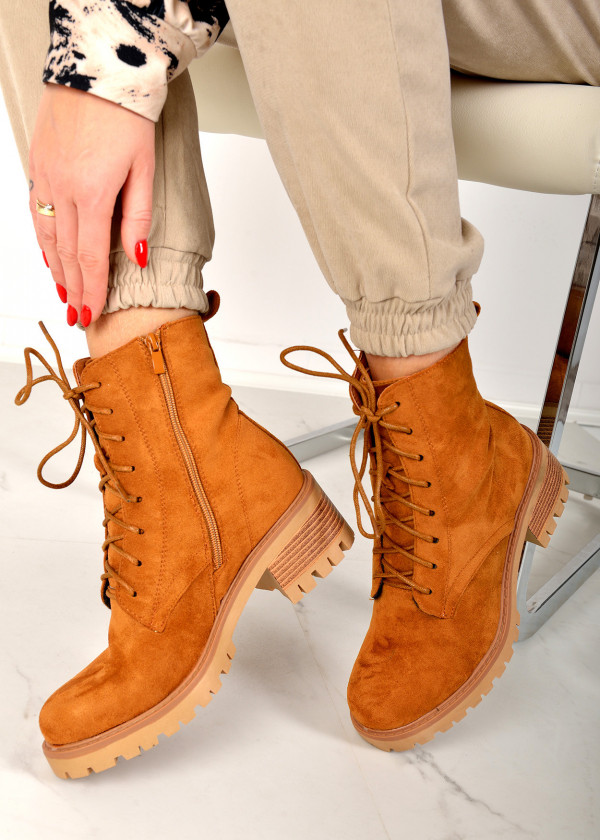 Tan lace up heeled ankle boots