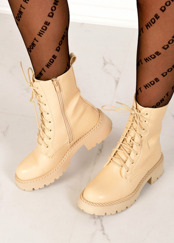 Beige lace up ankle boots