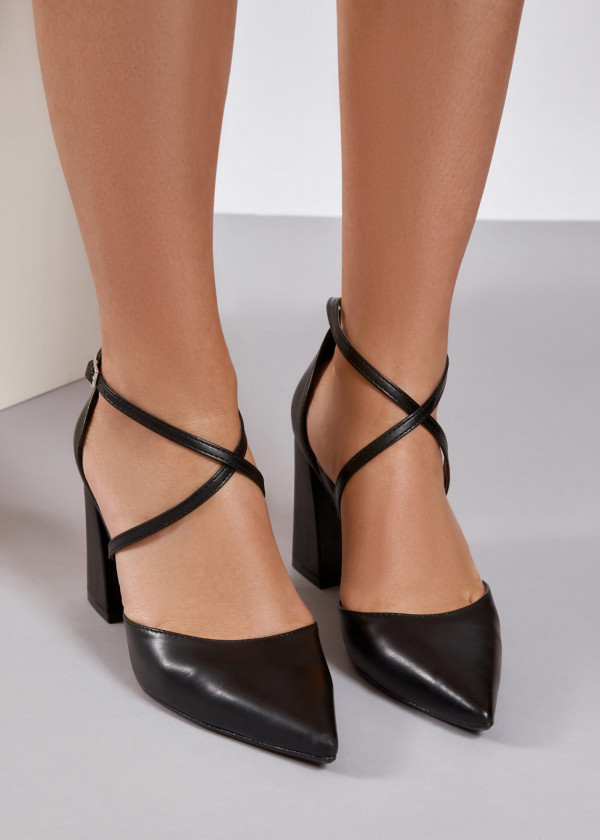 Black block heeled cross strap court shoes 2