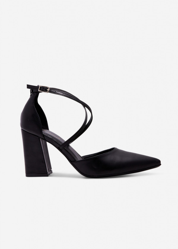 Black block heeled cross strap court shoes 3