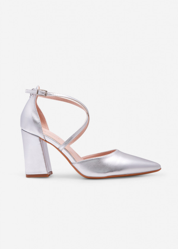 Silver block heeled cross strap court shoes 3