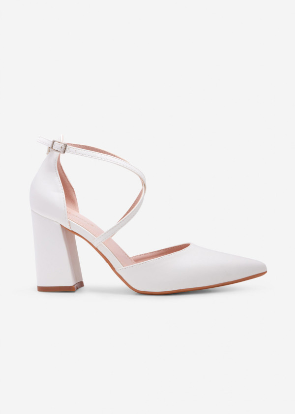 White block heeled cross strap court shoes 3