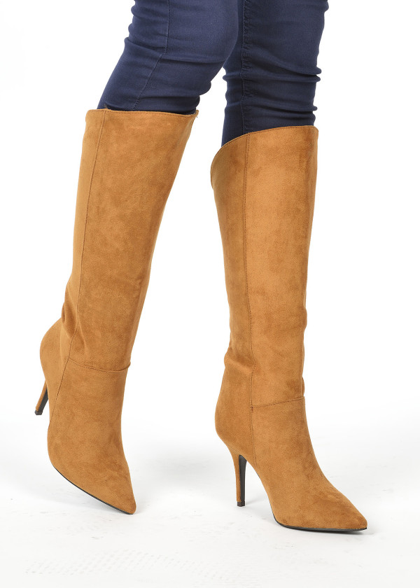 Brown tan pointed skinny heel knee high boot 1