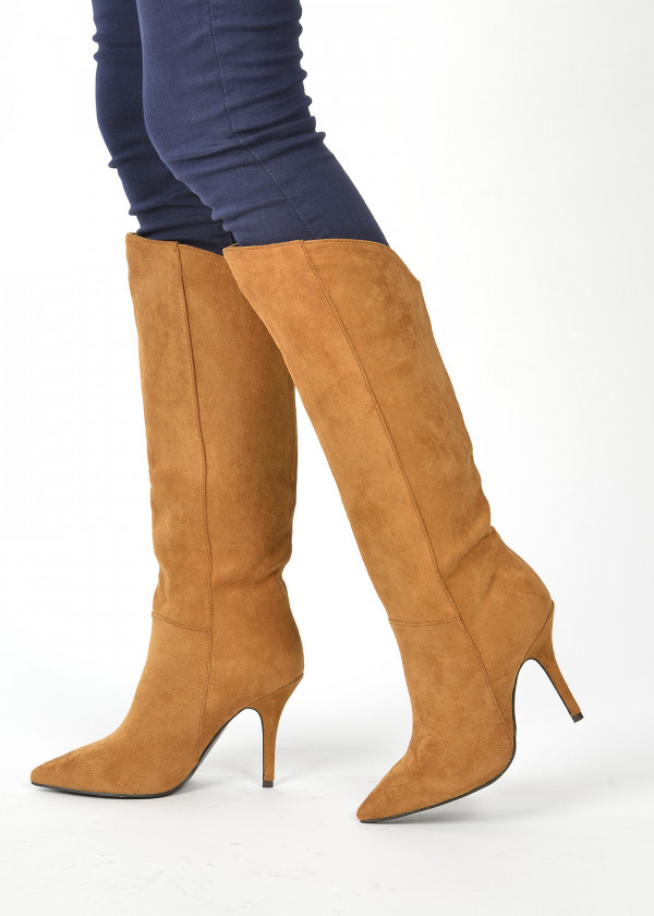 Brown tan pointed skinny heel knee high boot