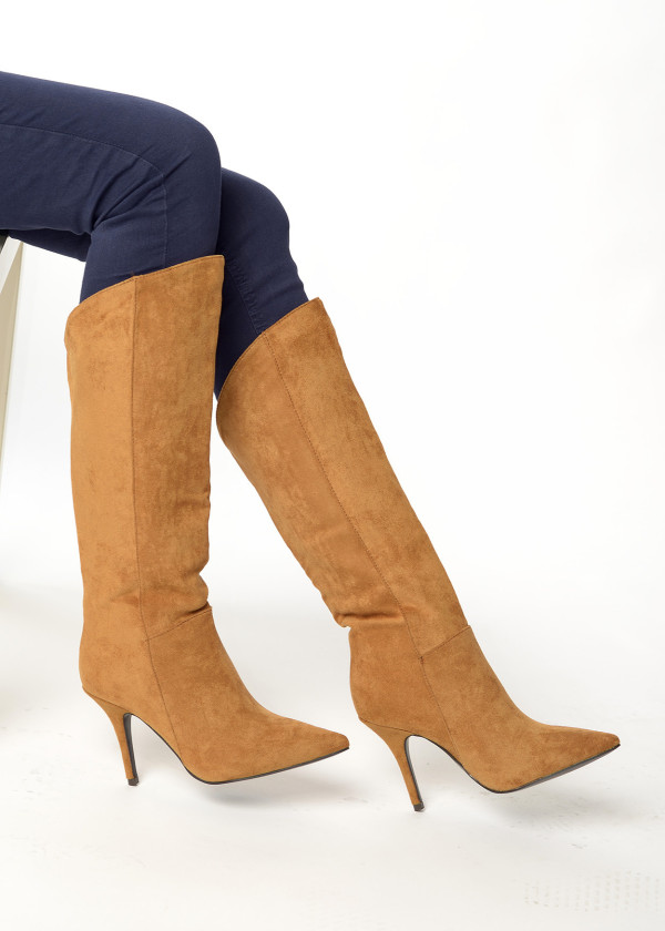 Brown tan pointed skinny heel knee high boot 2