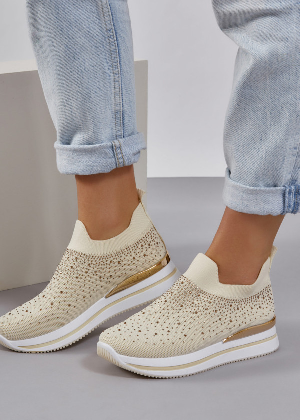 Beige rhinestone embellished sock sneakers 1