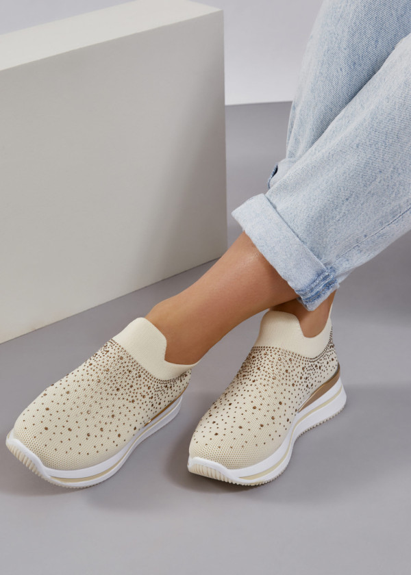 Beige rhinestone embellished sock sneakers 2