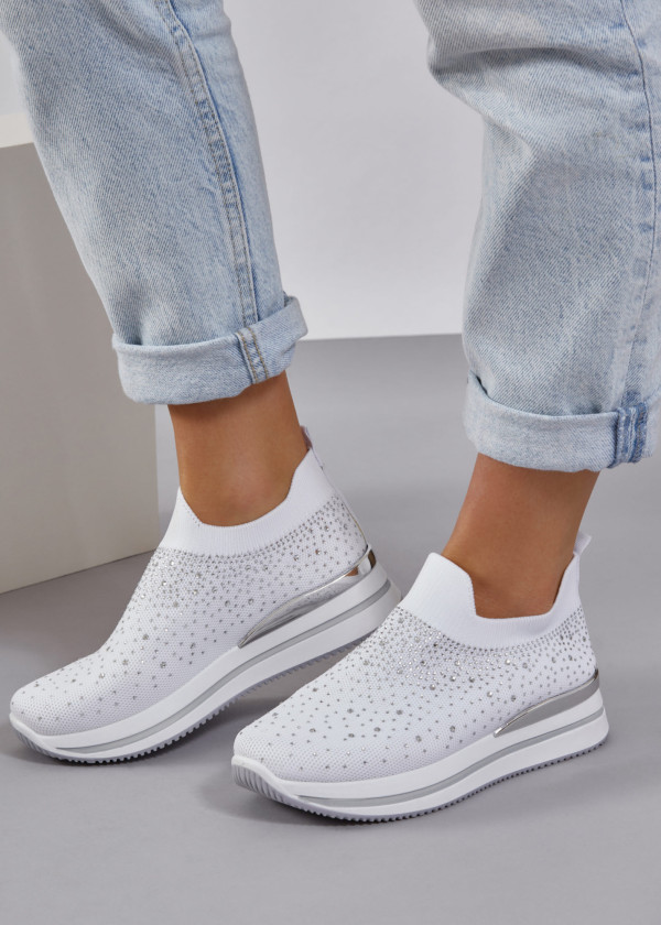 White rhinestone embellished sock sneakers 1