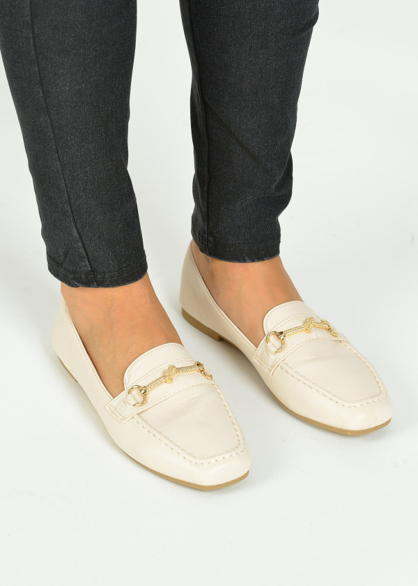 Beige gold knot detail loafers 2