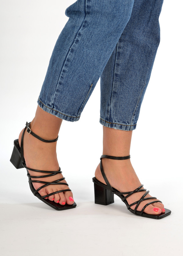 Black strappy block heel sandals 1