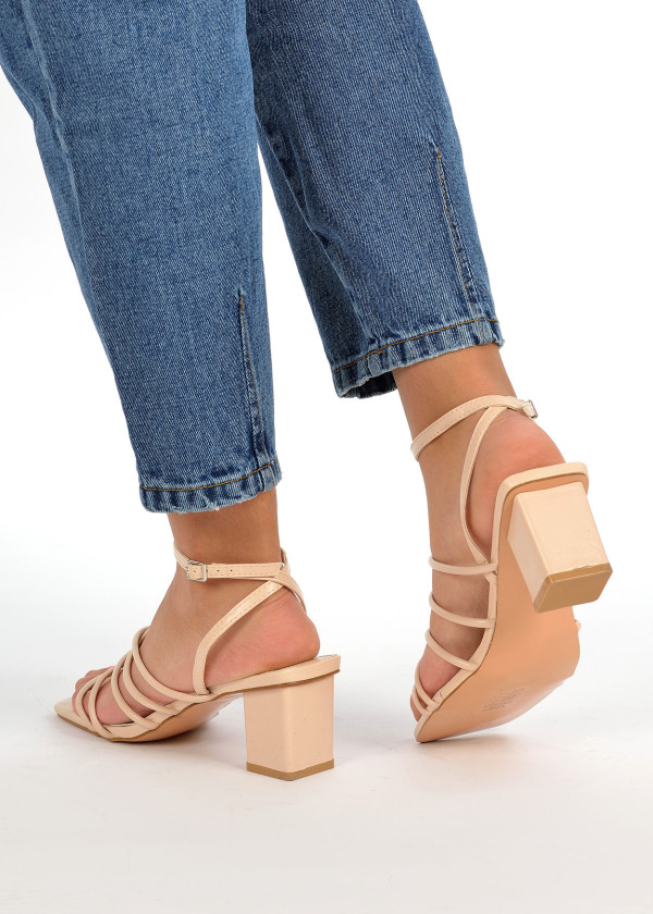 Beige strappy block heel sandals 2