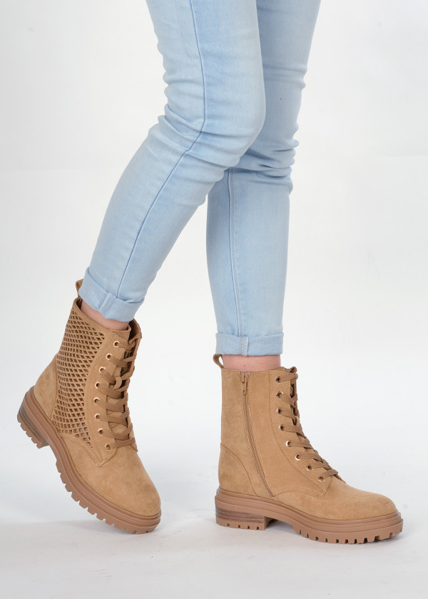 Brown tan laser cut lace up ankle boots 1